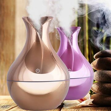 Difusor y humidificador de aroma con textura de madera (USB, LED, ultrasónico)
