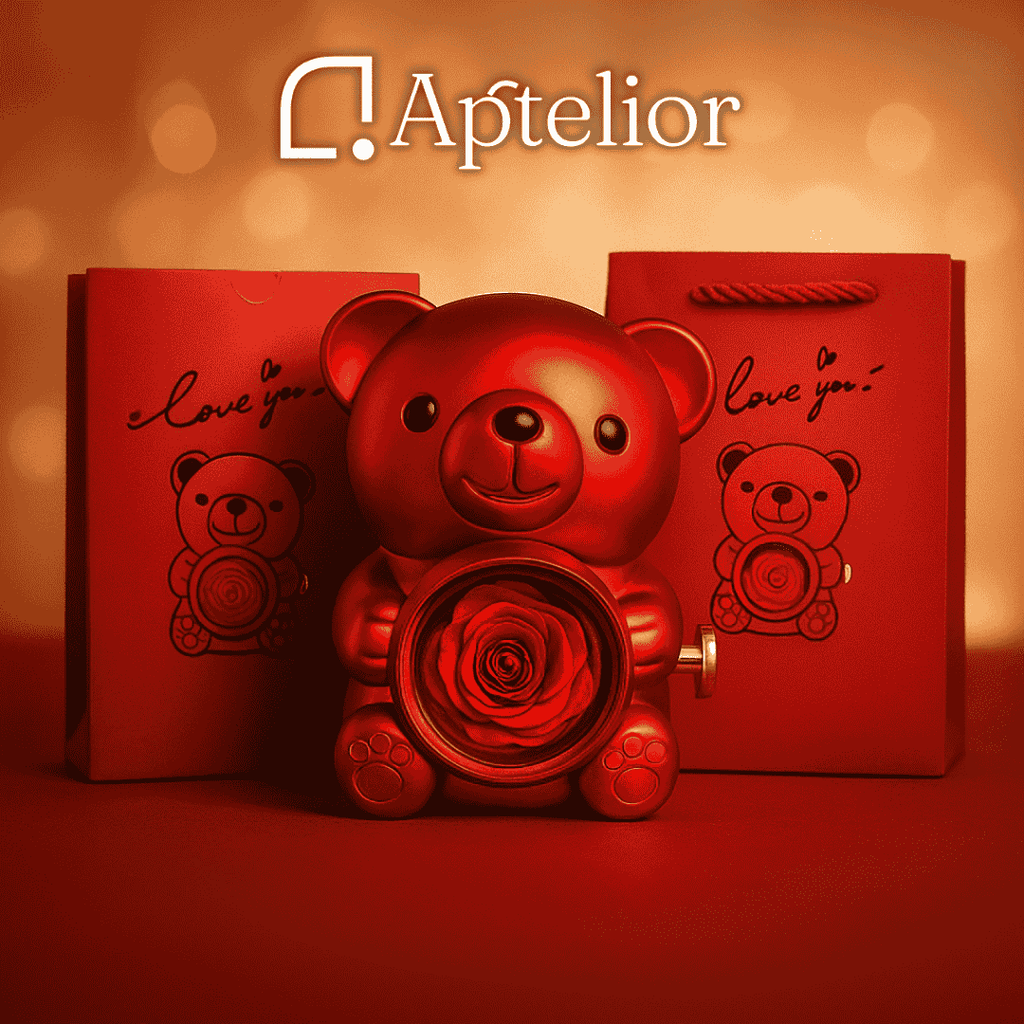 Aptelior LoveBloom™ – Personalisierte Herz Halskette & Ewige Rosenbär Geschenkbox