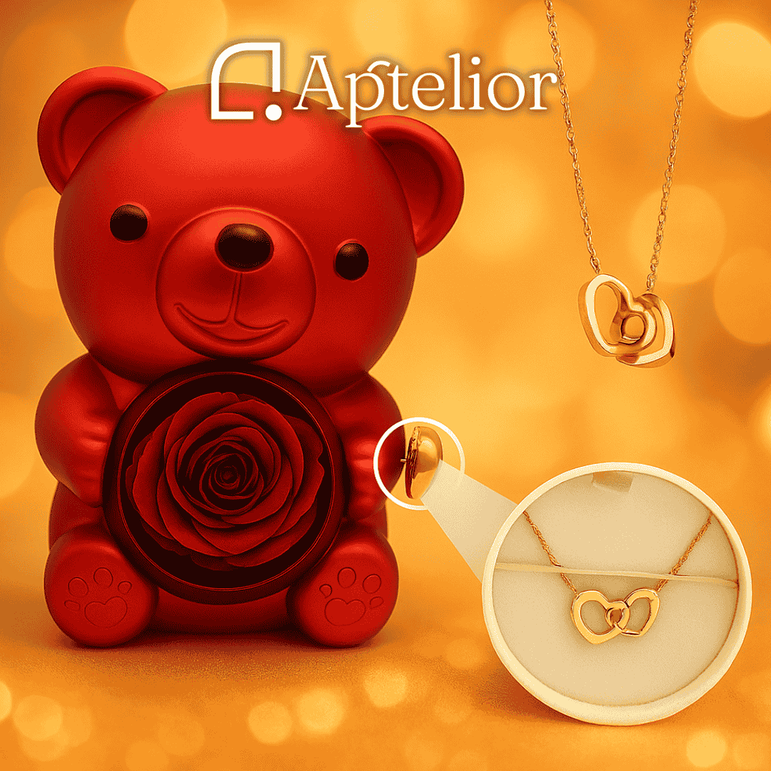Aptelior LoveBloom™ – Personalisierte Herz Halskette & Ewige Rosenbär Geschenkbox