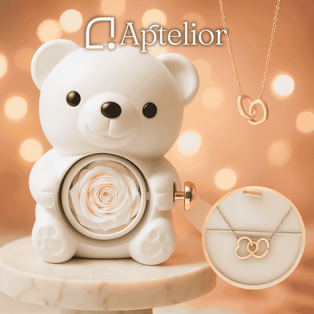 Aptelior LoveBloom™ – Personalisierte Herz Halskette & Ewige Rosenbär Geschenkbox