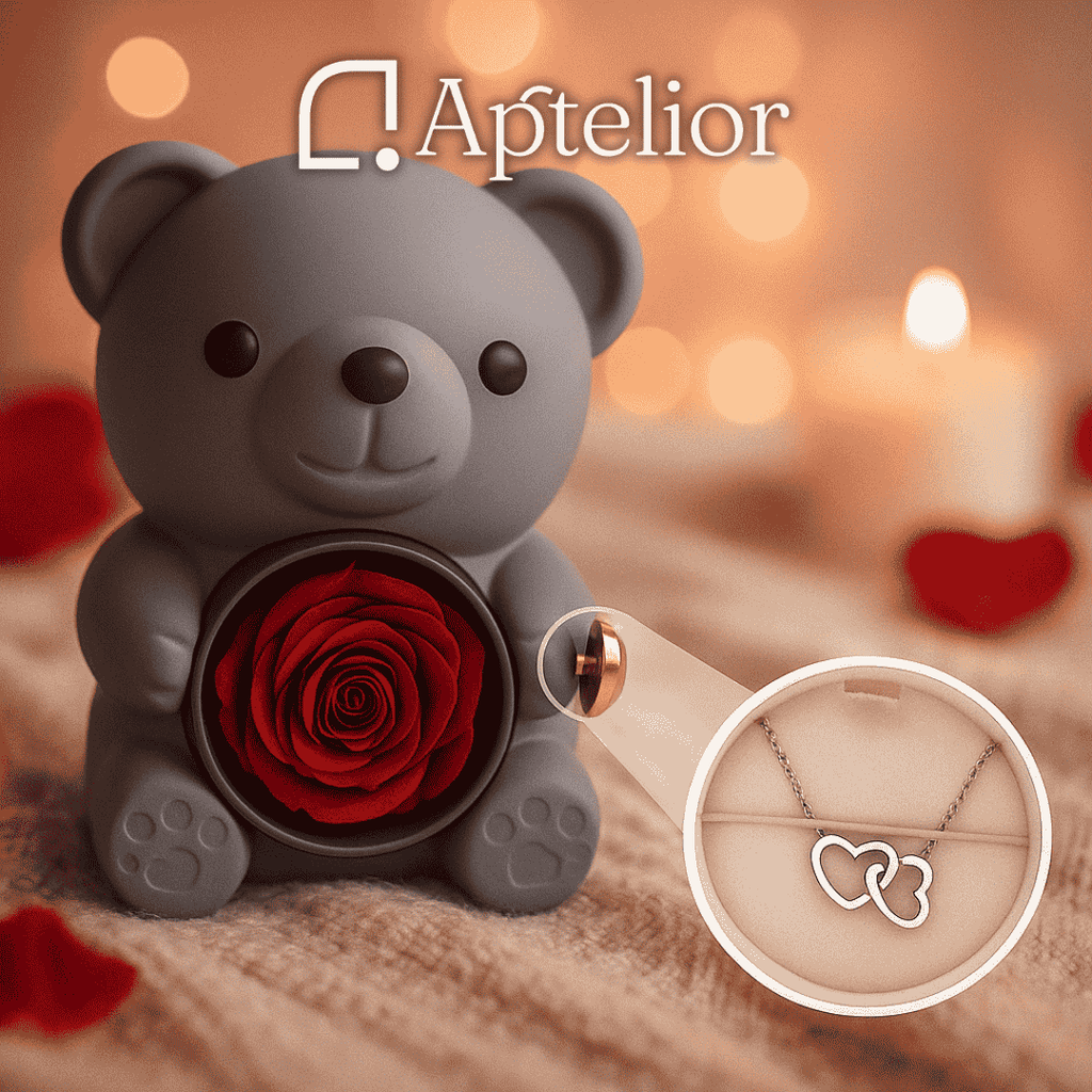 Aptelior LoveBloom™ – Personalisierte Herz Halskette & Ewige Rosenbär Geschenkbox