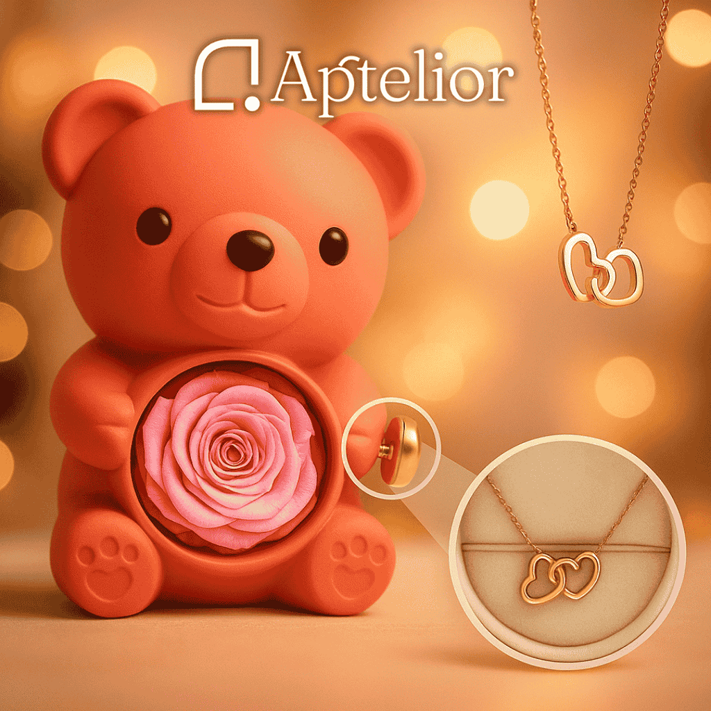 Aptelior LoveBloom™ – Personalisierte Herz Halskette & Ewige Rosenbär Geschenkbox