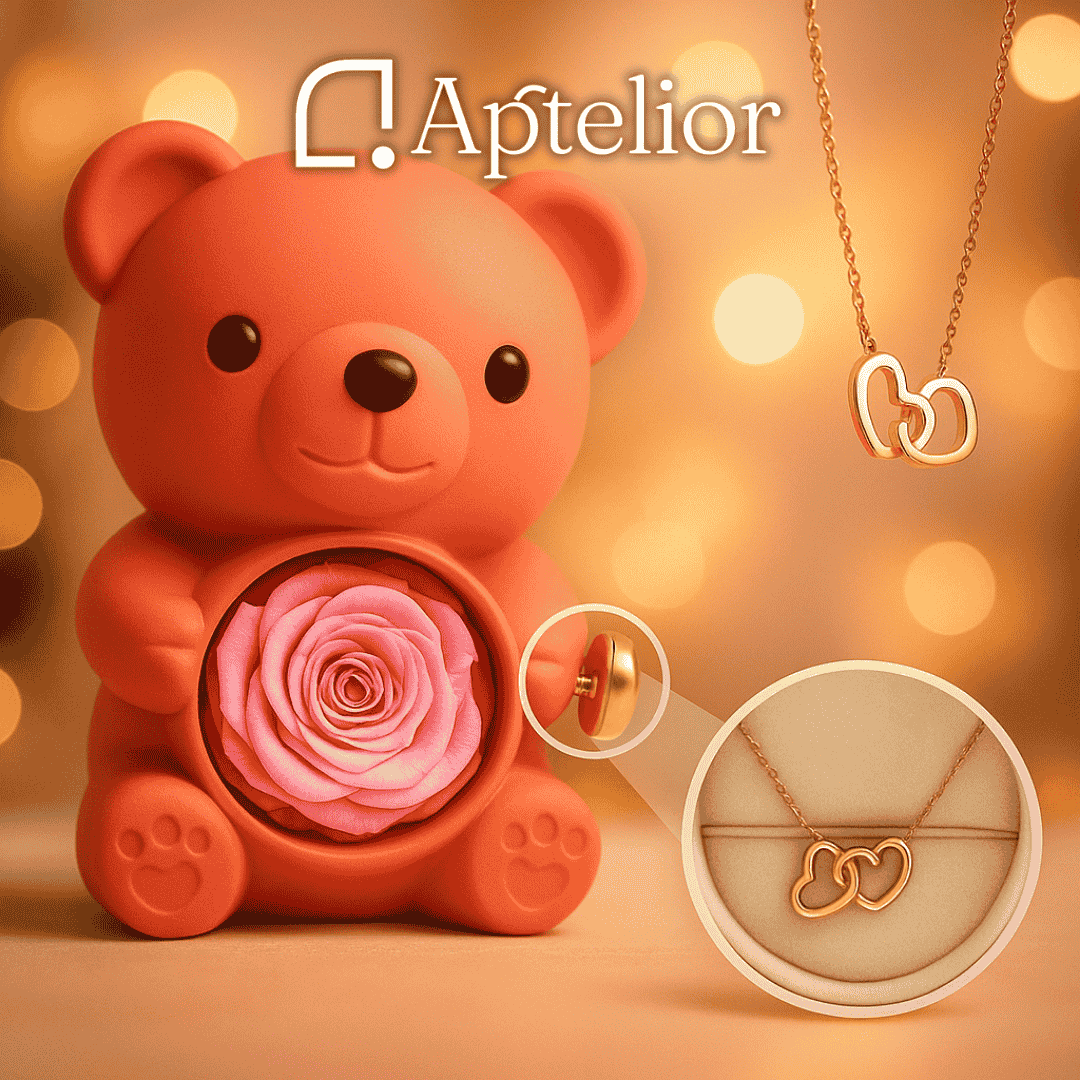 Aptelior LoveBloom™ – Personalisierte Herz Halskette & Ewige Rosenbär Geschenkbox