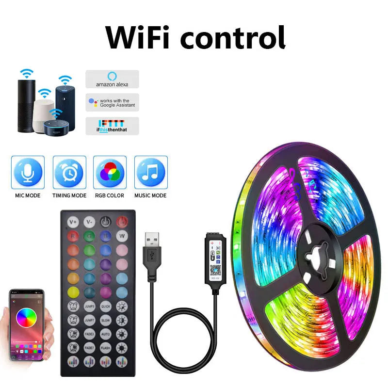 RGB LED Strip Light 5V 5050 | Smart WiFi & Bluetooth App Control | USB TV Backlight