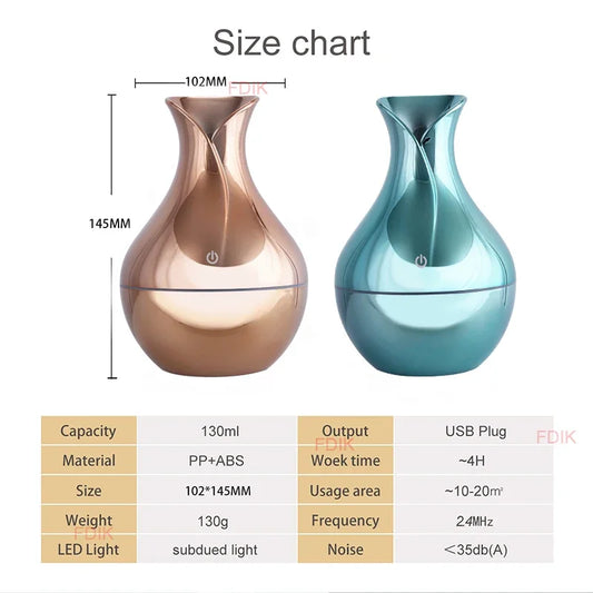 Difusor e humidificador de aromas com textura de madeira (USB, LED, ultrassónico)