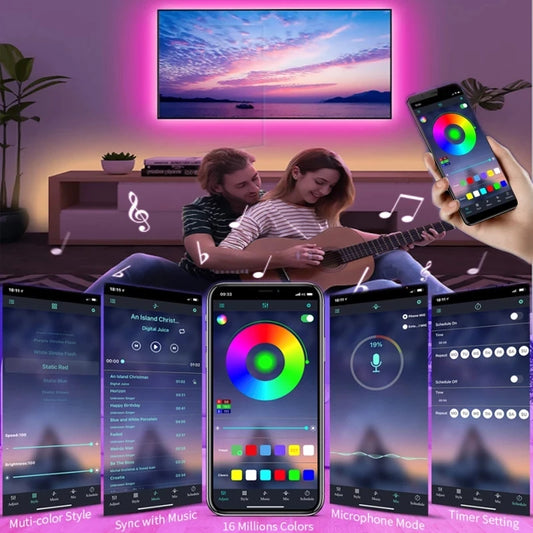 Fita LED RGB 5V 5050 | Controlo inteligente por aplicação WiFi e Bluetooth | Luz de fundo USB para TV
