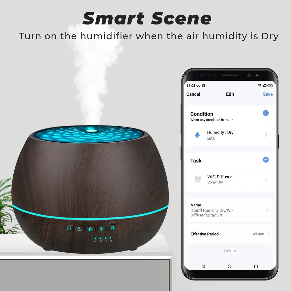 Smart WiFi Essential Oil Diffuser 500ml | Tuya & Alexa App Control + 7 LED Colors